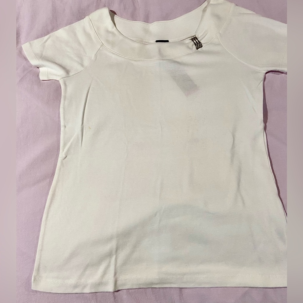 🕊️ New! Rafaela White Embellished Scoop Neck Short Sleeve Cotton Tee Top Size M